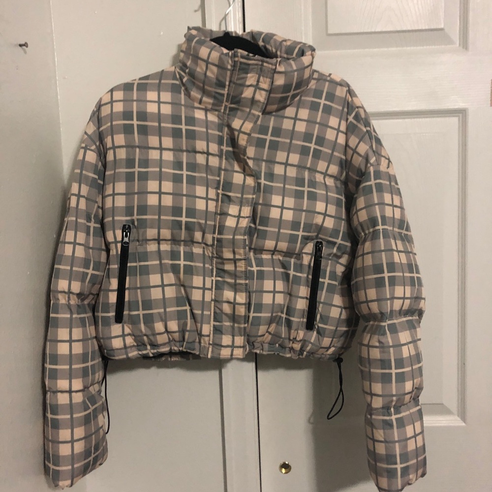 blue plaid cropped puffer coat